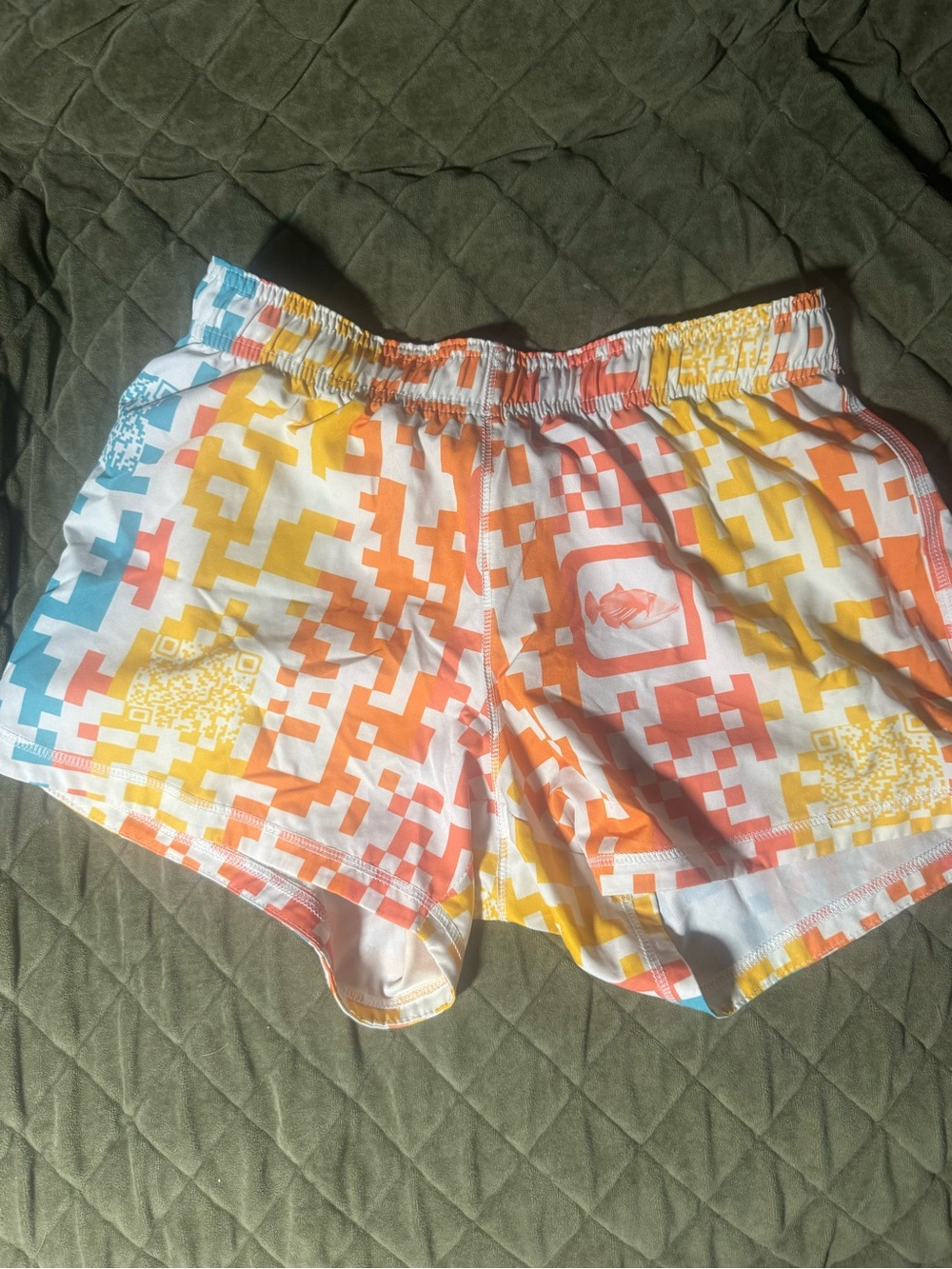 Women's Geometric Print Athletic Shorts in White with Orange & Yellow Accents